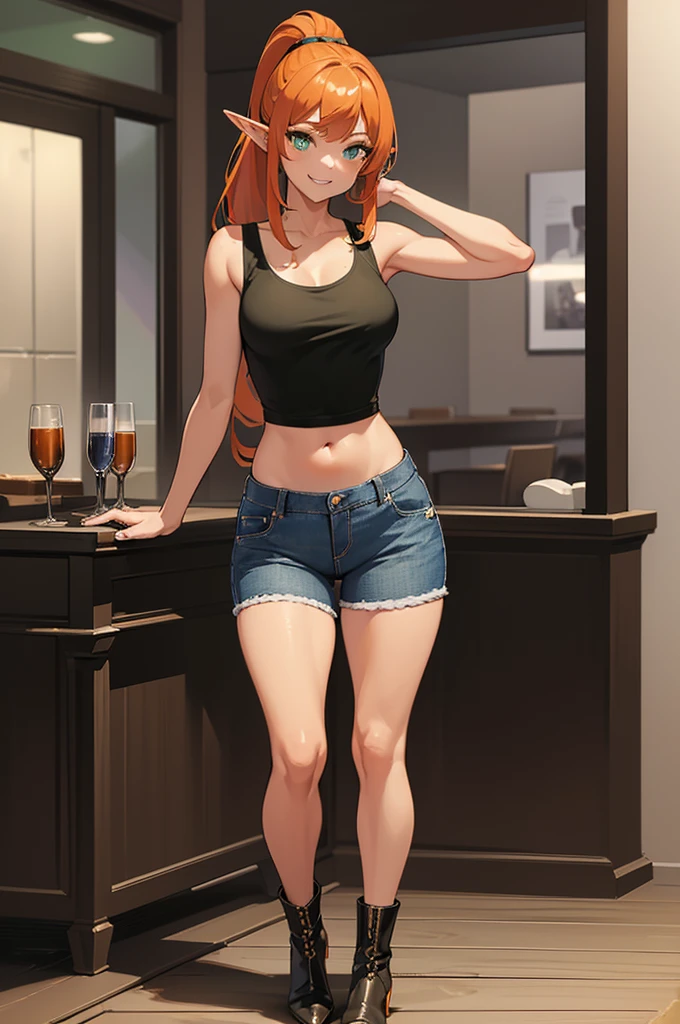 ((best quality)), ((masterpiece)), (detailed), perfect face, one girl, Young elf girl, wide hips, small breasts, slender body, big thighs, beautiful legs, medium orange hair, (tanned skin), green eyes, wearing black tank top, jeans pants, heels boots with ponytail, relaxed pose, smiling, full body