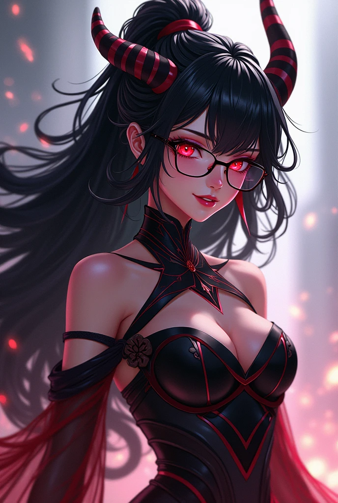 A powerful, ethereal dragon goddess of chaos in her completely human form. She has no horns, wings, or any non-human features. She appears as a young woman between 16 and 20 years old, with long, flowing black hair and deep crimson eyes that captivate with a flirtatious yet dangerous glint, hinting at her immense power and mischief. Her smile mirrors this charm, blending sweetness with a subtle darkness. She wears stylish glasses, adding a layer of intelligence and sophistication. Her attire is modern and sleek, similar to the elegant style of Focalors (Furina) from Genshin Impact, featuring intricate details and a touch of futuristic elegance, while her aura exudes the superiority and confidence of Kaguya Shinomiya. The art style is inspired by Genshin Impact, with intricate details, a soft, magical atmosphere. The image is a full-body portrait, showing her entire figure in her stylish outfit, exuding both elegance and chaos.