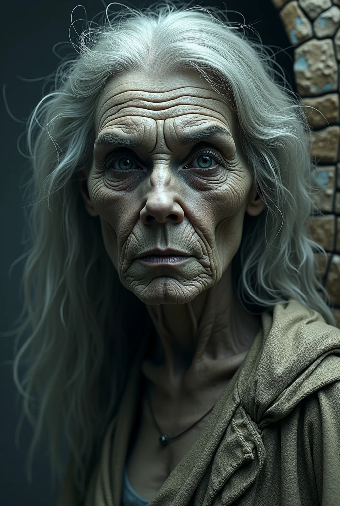 Surrealism, very wrinkled face, statue, cracks, very old sorceress, silver hair, black eyes, flames