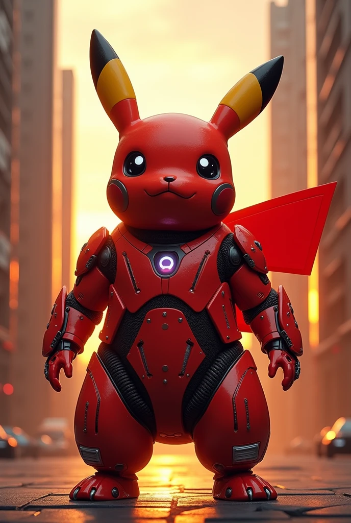 Pikachu wearing red cyborg costume standing between skyscrapers in sunset 