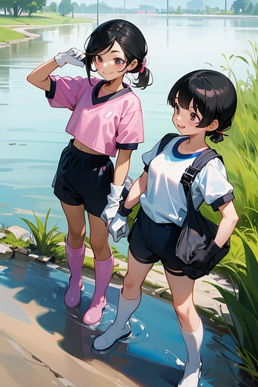 A pair of elementary school students with their black hair tied up, wearing large pink rubber gloves, white rubber boots, blue short-sleeved shorts, gym clothes and gym caps, and smiling, picking up trash on the riverbank
