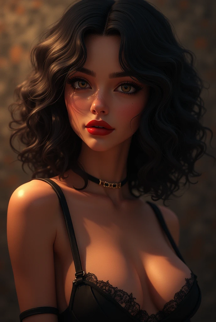 brunette woman, dark brown skin, bee ready, medium length curly, eyes as dark as the night, slenderbody?, small and wide nose, fleshy mouth with red lipstick in 3d anime drawing shape