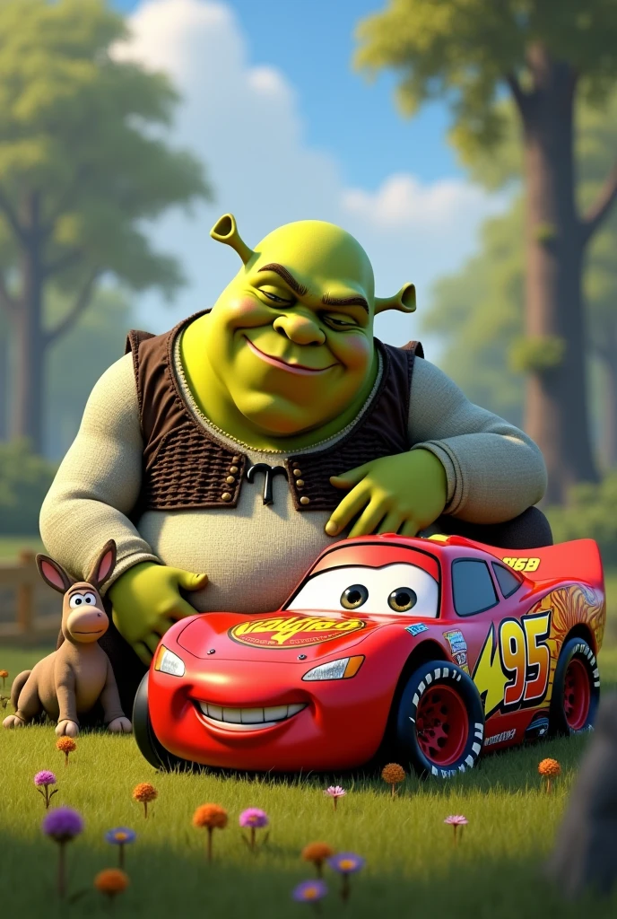 Crée moi une image de Shrek qui dort derrière Flash McQueen