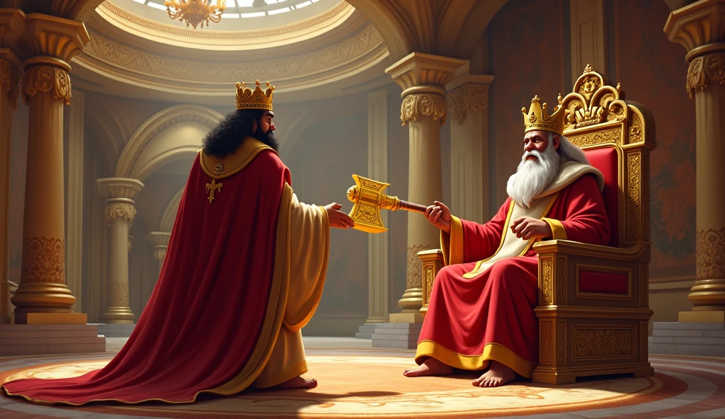 Ramoo presenting the golden axe to the king in a grand palace. The king, dressed in regal attire, looks impressed and surprised. The palace interior is ornate with rich decorations.