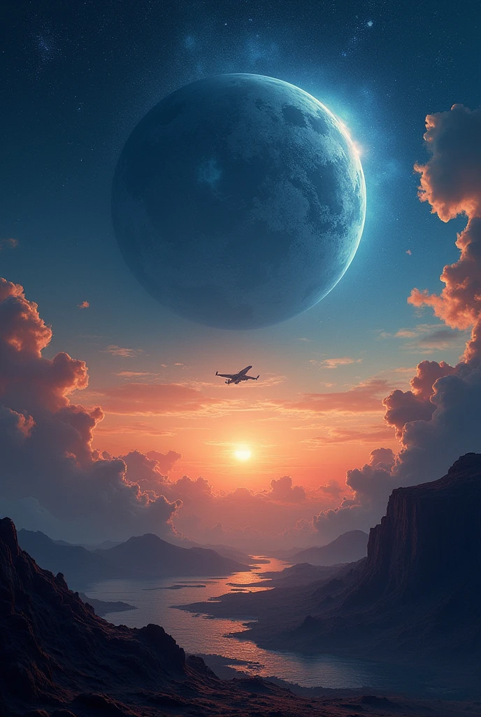 Realistic backdrop, navy blue orange, cyber adventure, vast space, interdimensional sky, technology land, space war.
