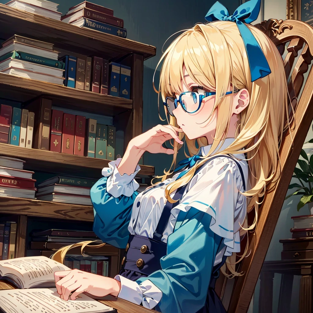 {{{(((close-up, very cute pose, profile)))}}}, (((highest quality))), (((super detailed))), (((clear) )), (((masterpiece) 8K)))), Alice in Wonderland A very beautiful room, a luxurious desk, lots of books on the desk, Alice wearing cute glasses, ((Alice in Wonderland (blonde), 4 Old girl, blue ribbon, Alice's clothes, long hair)), small, young, small breasts), round face, girl: 1.25), (baby face), short limbs, Alice sitting on a chair and reading a book, glasses Raise it up,