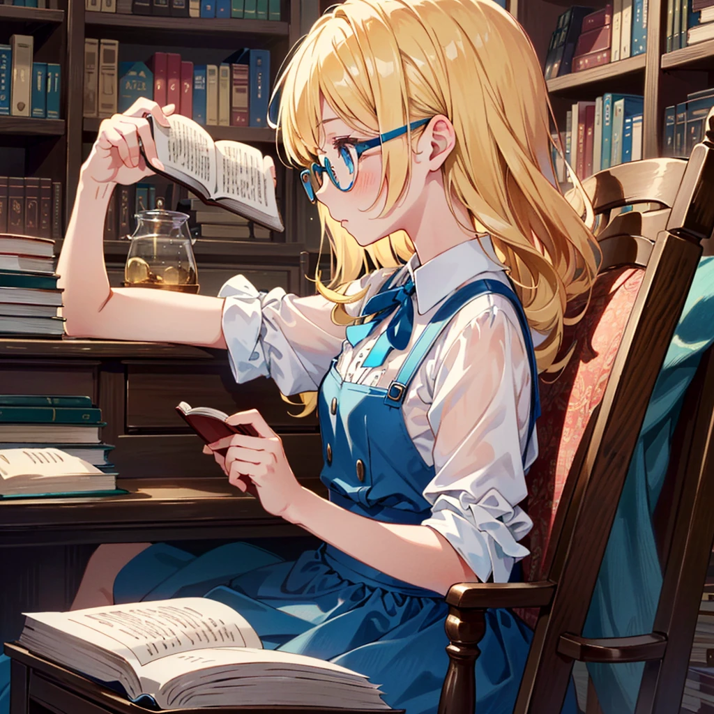 {{{(((close-up, very cute pose, profile)))}}}, (((highest quality))), (((super detailed))), (((clear) )), (((masterpiece) 8K)))), Alice in Wonderland A very beautiful room, a luxurious desk, lots of books on the desk, Alice wearing cute glasses, ((Alice in Wonderland (blonde), 4 Old girl, blue ribbon, Alice's clothes, long hair)), small, young, small breasts), round face, girl: 1.25), (baby face), short limbs, Alice sitting on a chair and reading a book, glasses Raise it up,