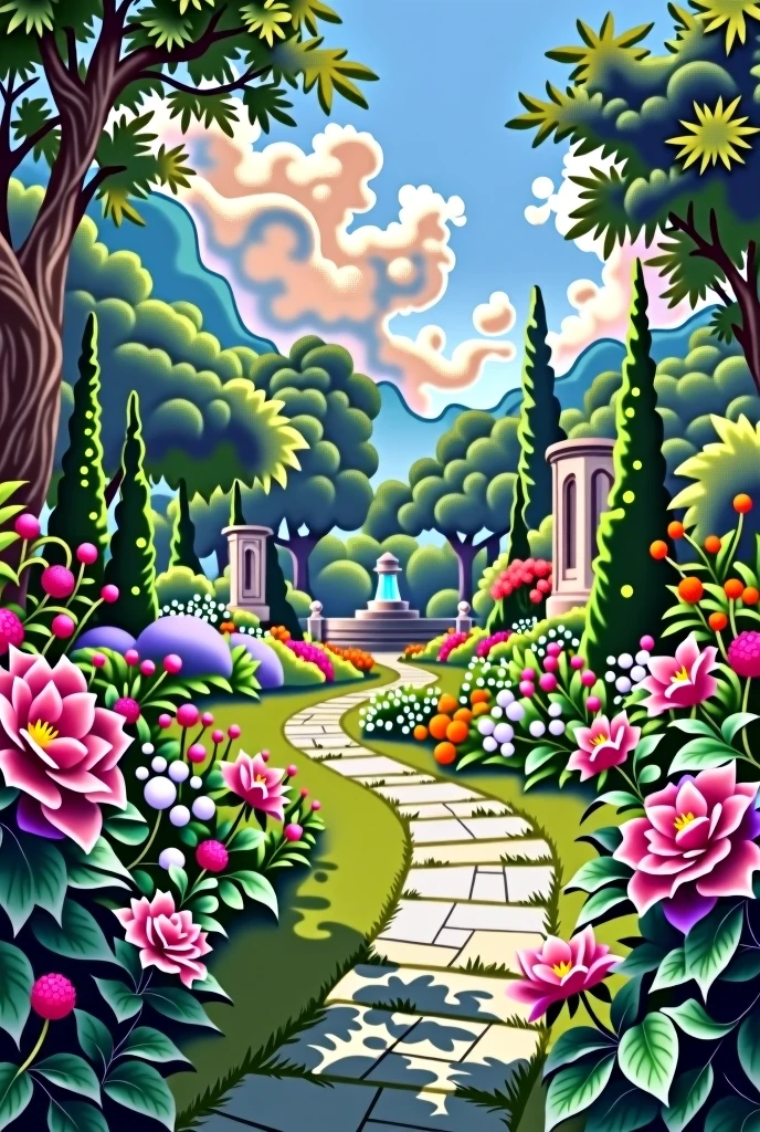 "An exquisite garden rendered in the style of a classical painting, with rich, Vibrant and soft colors, painterly brushstrokes. The garden is filled with a variety of blooming flowers in a harmonious palette, Surrounded by lush vegetation and elegantly shaped trees. A winding stone path leads through the garden, inviting the viewer to explore its beauty. In the background, A charming gazebo or fountain adds a focal point to the scene. The sky above is a delicate mix of blues and soft pinks, with the light filtering through the trees, casting soft shadows and creating a peaceful atmosphere, serene atmosphere. a beautiful flower in first person"