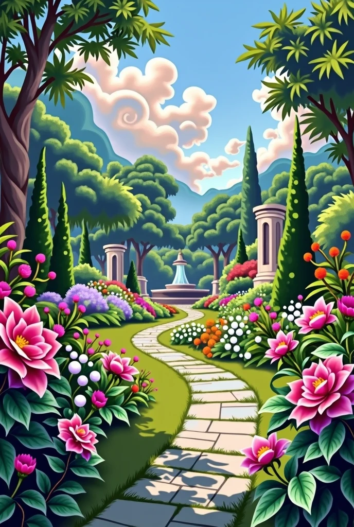 "An exquisite garden rendered in the style of a classical painting, with rich, Vibrant and soft colors, painterly brushstrokes. The garden is filled with a variety of blooming flowers in a harmonious palette, Surrounded by lush vegetation and elegantly shaped trees. A winding stone path leads through the garden, inviting the viewer to explore its beauty. In the background, A charming gazebo or fountain adds a focal point to the scene. The sky above is a delicate mix of blues and soft pinks, with the light filtering through the trees, casting soft shadows and creating a peaceful atmosphere, serene atmosphere. a beautiful flower in first person"