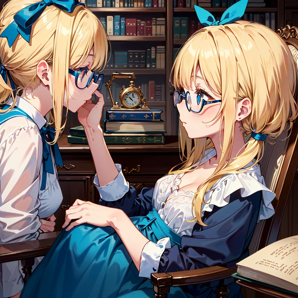 {{{(((close-up, very cute pose, profile)))}}}, (((highest quality))), (((super detailed))), (((clear) )), (((masterpiece) 8K)))), Alice in Wonderland A very beautiful room, a luxurious desk, lots of books on the desk, Alice wearing cute glasses, ((Alice in Wonderland (blonde), 4 Old girl, blue ribbon, Alice's clothes, long hair)), small, young, small breasts), round face, girl: 1.25), (baby face), short limbs, Alice sitting on a chair and reading a book, glasses Raise it up,