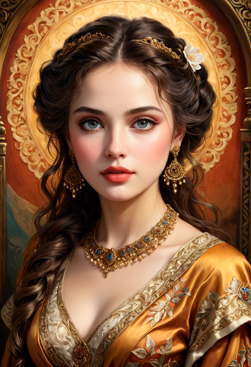 a beautiful woman, antique hand-painted, photorealistic, 8k, extremely detailed face, beautiful eyes, beautiful lips, elegant expression, detailed ornate clothing, intricate background, dramatic lighting, warm color palette, oil painting, masterpiece