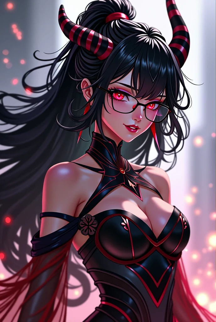 A powerful, ethereal dragon goddess of chaos in her completely human form. She has no horns, wings, or any non-human features. She appears as a young woman between  and 20 years olwith long, flowing black hair and deep crimson eyes that captivate with a flirtatious yet dangerous glint, hinting at her immense power and mischief. Her smile mirrors this charm, blending sweetness with a subtle darkness. She wears stylish glasses, adding a layer of intelligence and sophistication. Her attire is modern and sleek, similar to the elegant style of Focalors (Furina) from Genshin Impact, featuring intricate details and a touch of futuristic elegance, while her aura exudes the superiority and confidence of Kaguya Shinomiya. The art style is inspired by Genshin Impact, with intricate details, a soft, magical atmosphere. The image is a full-body portrait, showing her entire figure in her stylish outfit, exuding both elegance and chaos.