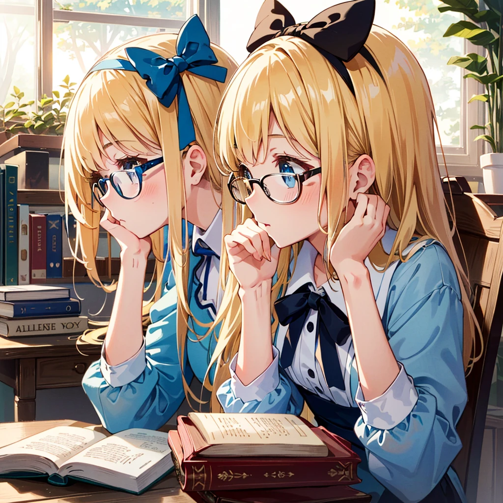{{{(((close-up, very cute pose, profile)))}}}, (((highest quality))), (((super detailed))), (((clear) )), (((masterpiece) 8K)))), Alice in Wonderland A very beautiful room, a luxurious desk, lots of books on the desk, Alice wearing cute glasses, ((Alice in Wonderland (blonde), 4 Old girl, blue ribbon, Alice's clothes, long hair)), small, young, small breasts), round face, girl: 1.25), (baby face), short limbs, Alice sitting on a chair and reading a book, glasses Raise it up,