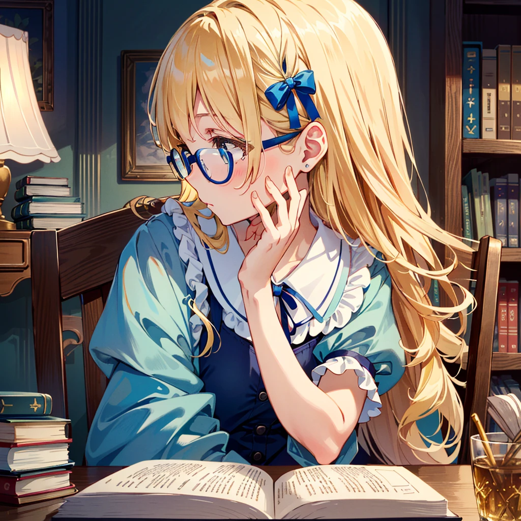 {{{(((close-up, very cute pose, profile)))}}}, (((highest quality))), (((super detailed))), (((clear) )), (((masterpiece) 8K)))), Alice in Wonderland A very beautiful room, a luxurious desk, lots of books on the desk, Alice wearing cute glasses, ((Alice in Wonderland (blonde), 4 Old girl, blue ribbon, Alice's clothes, long hair)), small, young, small breasts), round face, girl: 1.25), (baby face), short limbs, Alice sitting on a chair and reading a book, glasses Raise it up,