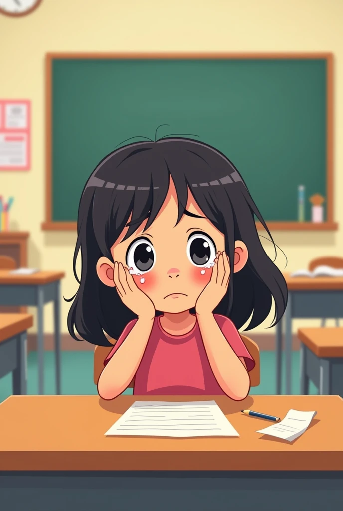 Girl crying and sitting at school cartoon style