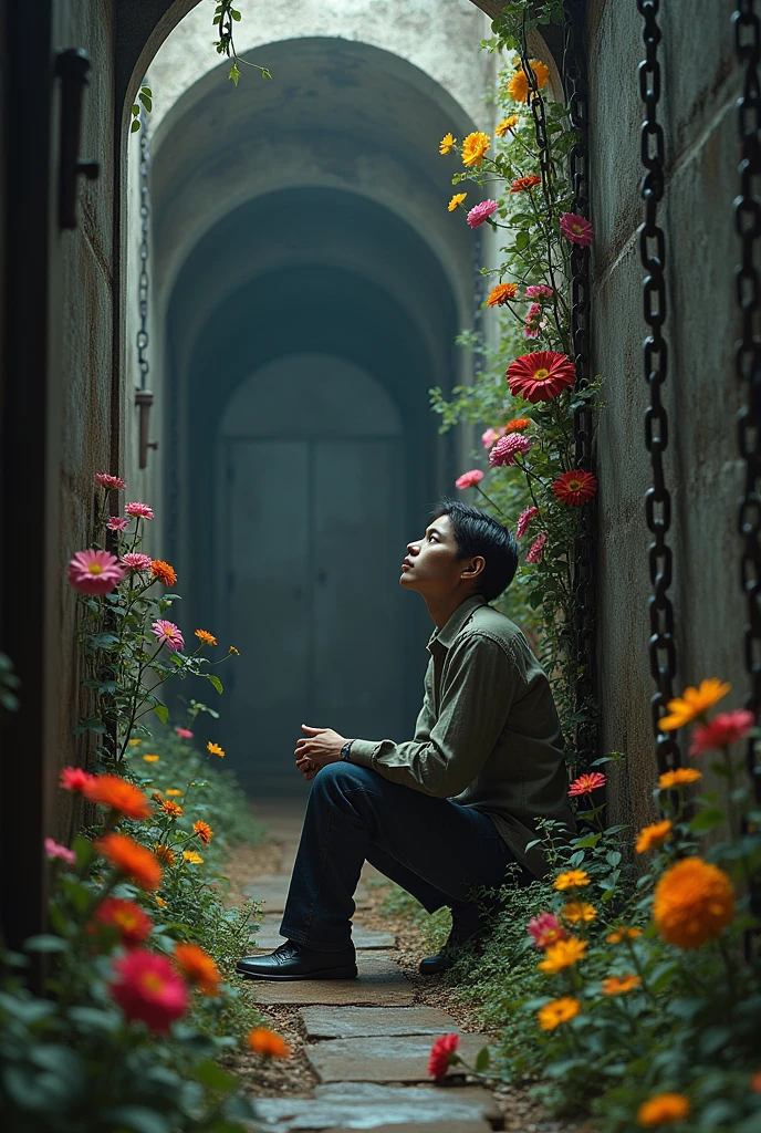 Chains of Flowers in an Iron Prison": A prisoner, chained inside an iron cell, He watches in amazement as the chains that bind him begin to blossom, Covering itself with vibrant and colorful flowers, symbolizing a struggle between oppression and beauty