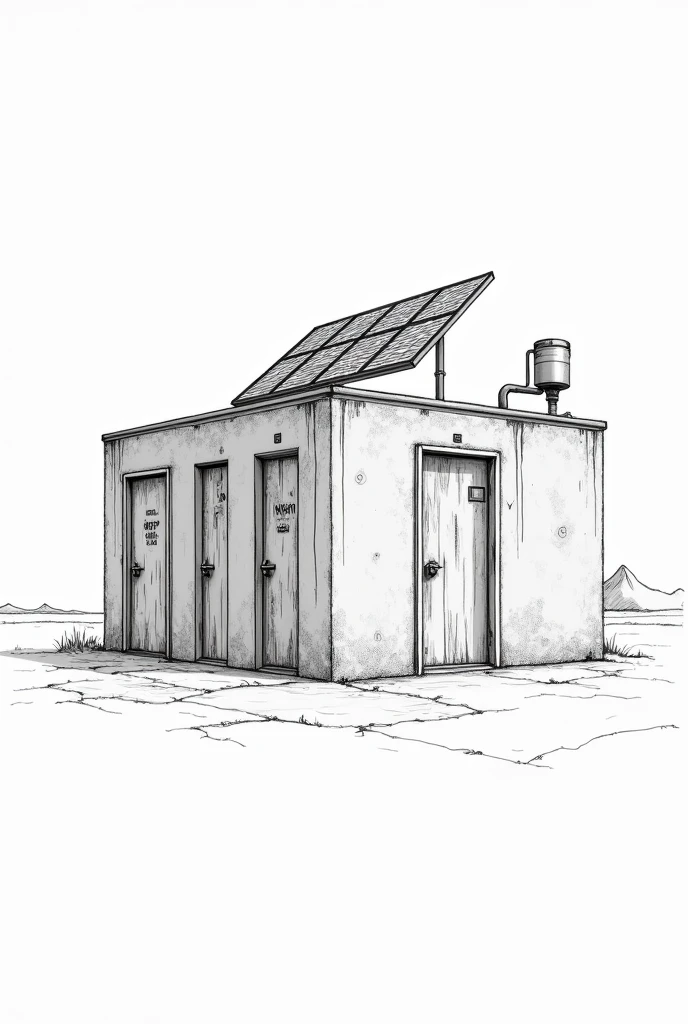 Make a sketch of a concrete house with many doors like a boarding house with , solar panel at the rooftop and a pipe to catch rain water