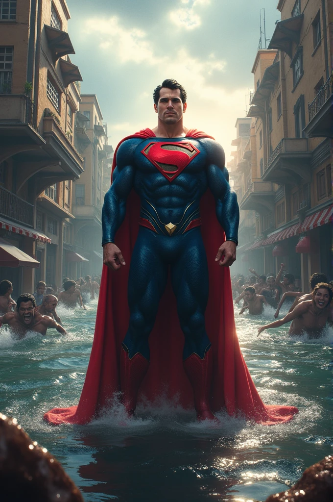 Super man seeing flooded people where everything is under water