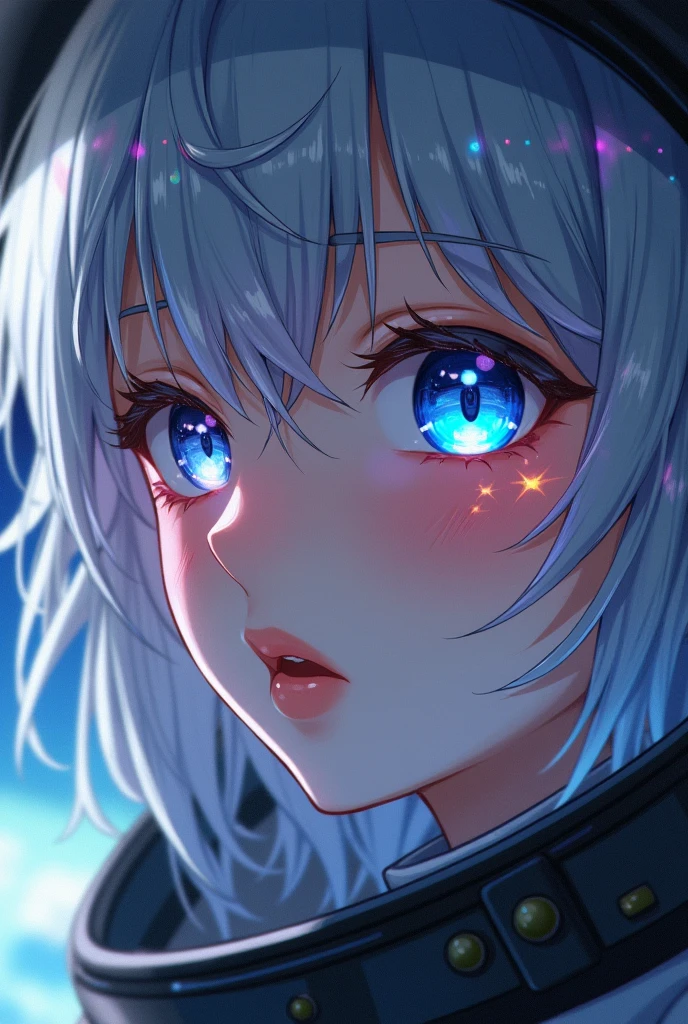 ( anime hd girl Close-up of a better masterpiece:1.5)0.9], (Space and astronauts:1.2) (Messy silver hair:1.1) (Heterochromia xanthochromia and blue eyes:1.2) (Space Helmet:1.0) (Colored stars in the eyes:1.0) (A radiant glow:1.1) (thick lips:0.9)