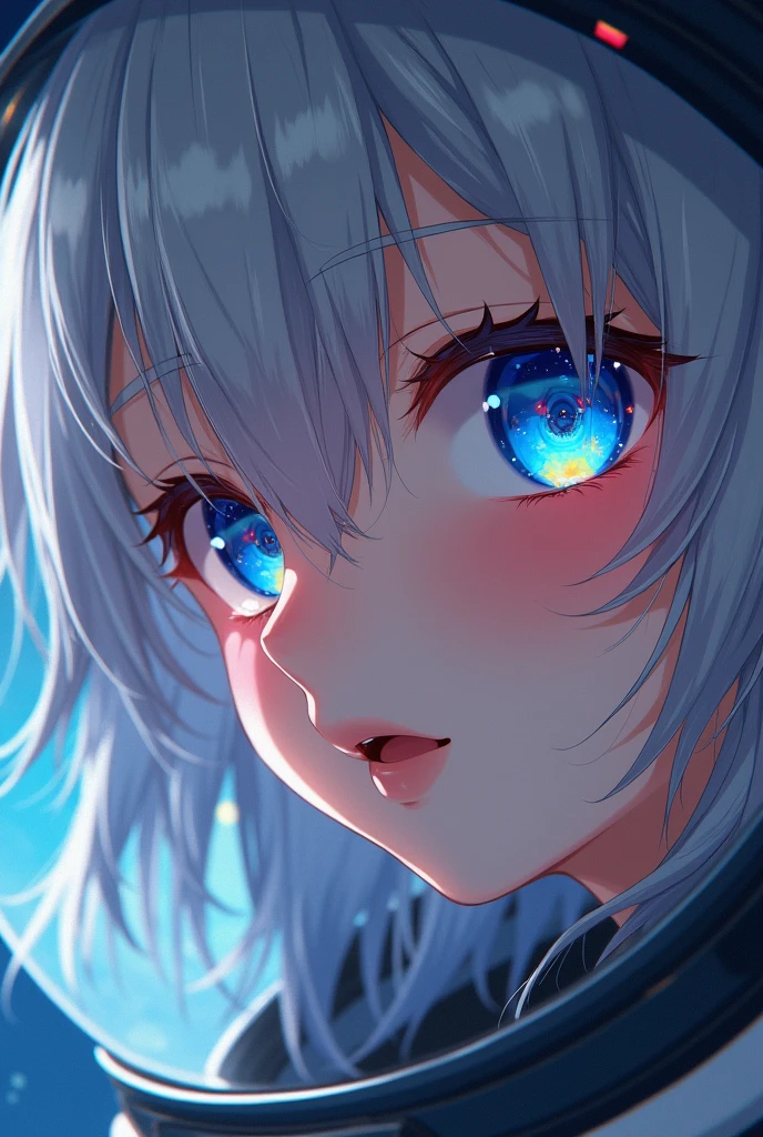 ( anime hd girl Close-up of a better masterpiece:1.5)0.9], (Space and astronauts:1.2) (Messy silver hair:1.1) (Heterochromia xanthochromia and blue eyes:1.2) (Space Helmet:1.0) (Colored stars in the eyes:1.0) (A radiant glow:1.1) (thick lips:0.9)
