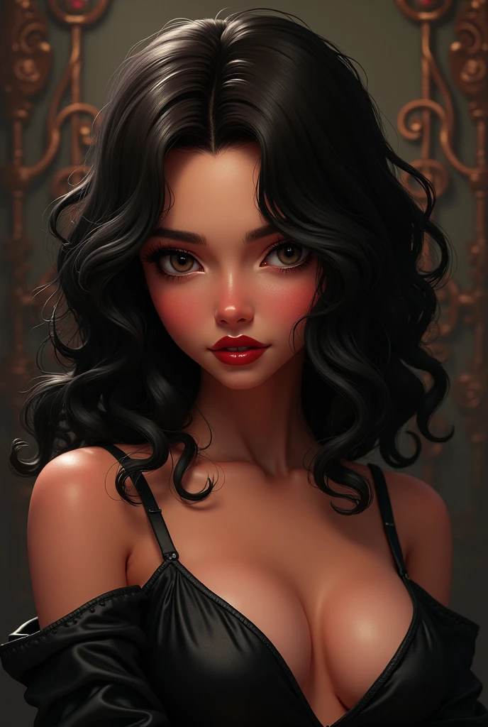 brunette woman, dark brown skin, bee ready, medium length curly, eyes as dark as the night, slenderbody?, small and wide nose, fleshy mouth with red lipstick in 3d anime drawing shape