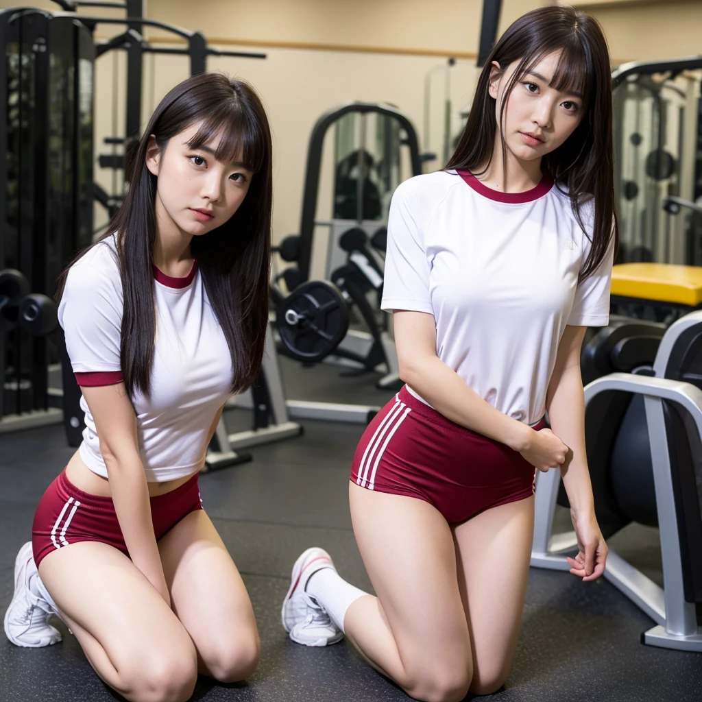 8k、high resolution、masterpiece、realistic、In detail、Fine texture、portrait from head to toe、high contrast、alone、high school girl、natural body shape、white skin、natural makeup、black hair、bangs、straight long hair、((School-specified gym clothes))((The upper body is a white gym uniform with a long hem.、short sleeve、There is a wine red line、))、((The lower body is wine red tight bloomers))、(((I put the hem of my gym uniform into my bloomers.、tuck in)))、、big breasts、、((The upper body is wearing gym clothes))、((school classroom))、Looking at the camera facing the front、、full body photo、focus on crotch、thighs exposed、white socks、white shoes、(Kneeling、Kneeling)、arms down