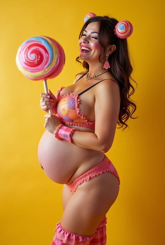 A playful woman holds a large candy and grins mischievously, her pose exaggerated. She is wearing a unique and colorful outfit with oversized accessories, giving her a strange and fun look, the candy though large, is designed in a cute and almost toy-like style, adding to the playful and cheerful feel of the scene. The background is bright and cheerful, adding to the overall playful atmosphere. very realistic, studio lighting, sexy, big boobs, naughty, cinematic