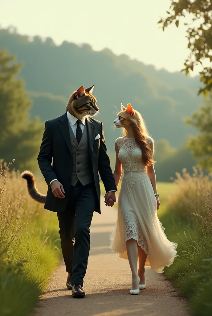 Creat images of cat cat is rich walk on road then cat meed aa beautiful female cat both cast have human body