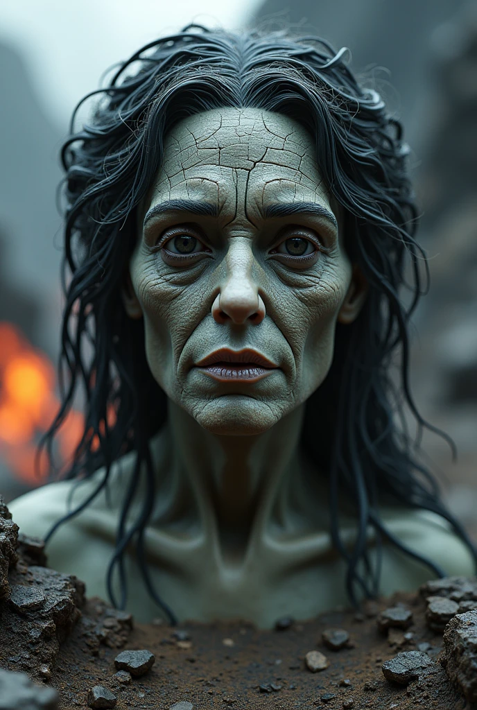 Surrealism, very wrinkled face, statue, cracks, very old sorceress, black hair, black eyes, lava