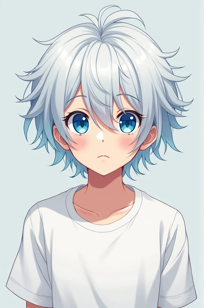 Pleas generate anime boy with white hair and blue eyes and high school boy t shirt and long hair 