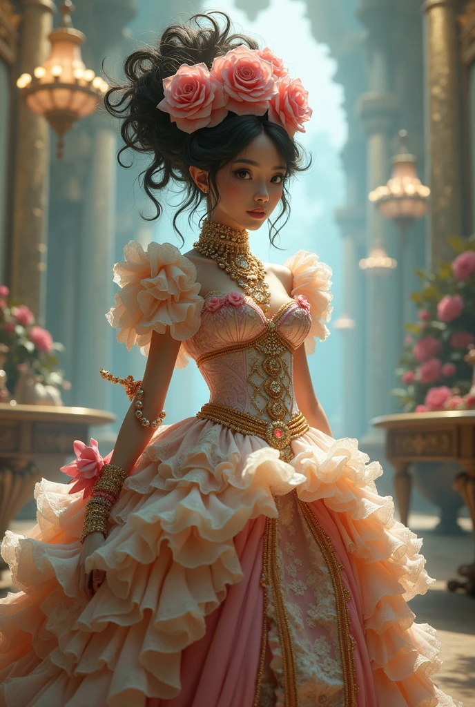Under the oversized lotus stands a lady in a long light gauze dress, Brunette lady with glowing tulle dress, inspired by Igor Kieryluk, It is covered with fleshy green and pink, Black light background,under moonlight,inspired by Wadim Kashin, by Russell Dongjun Lu, inspired by Yanjun Cheng, inspired by Hsiao-Ron Cheng, Beautiful digital artwork, inspired by Ray Caesar