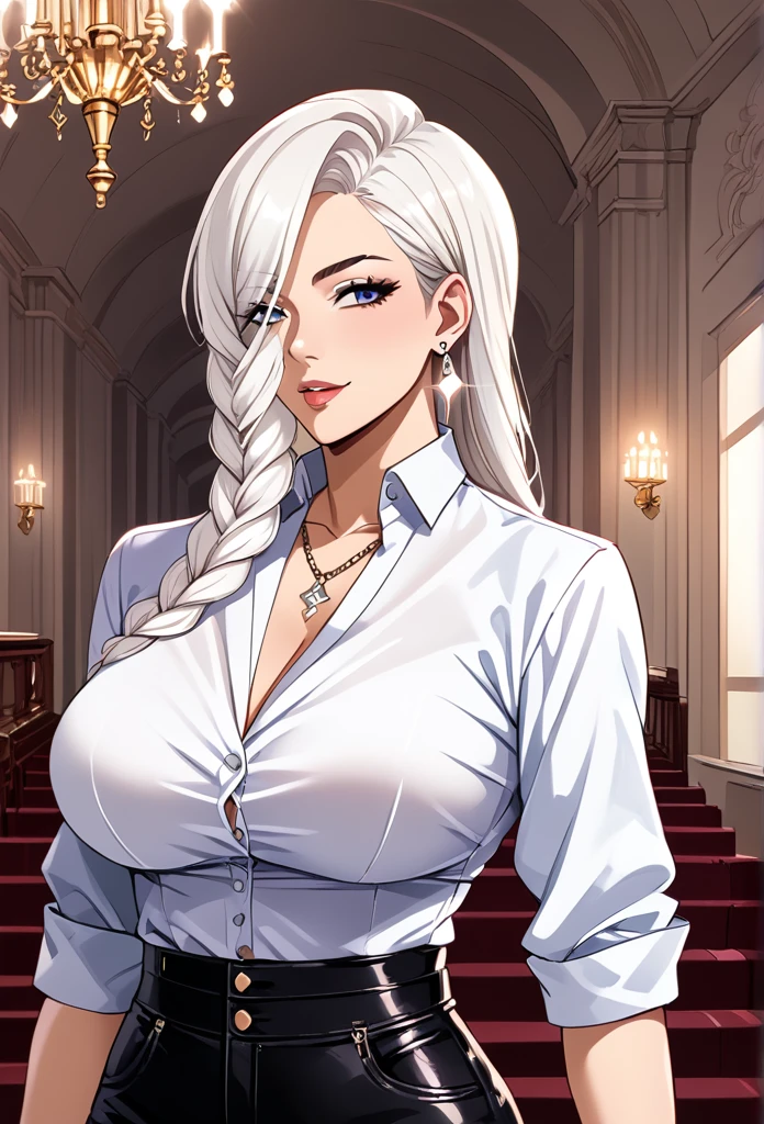 1 Girl, Long hair, shirt, white shirt, slick back hair ,Upper Body, chandelier earrings, jewelry, white hair braid,crop top, leather pant , necklace,big breasts