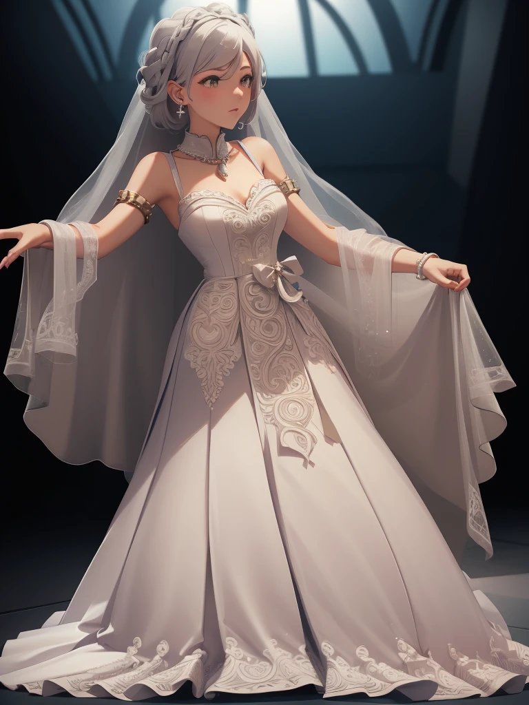 1girl, solo, Wedding dress, white hair, blushing, earrings, masterpiece, high heels, earrings, ribbons, bowe, stockings, neckless