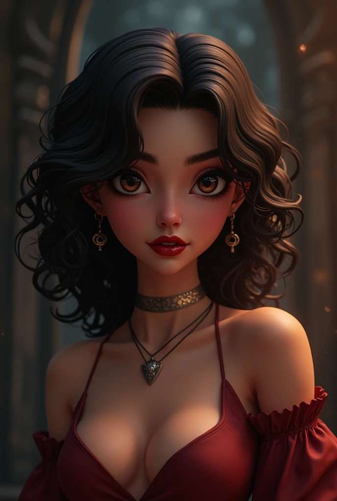 brunette woman, dark brown skin, bee ready, medium length curly, eyes as dark as the night, slenderbody?, small and wide nose, fleshy mouth with red lipstick in 3d anime drawing shape