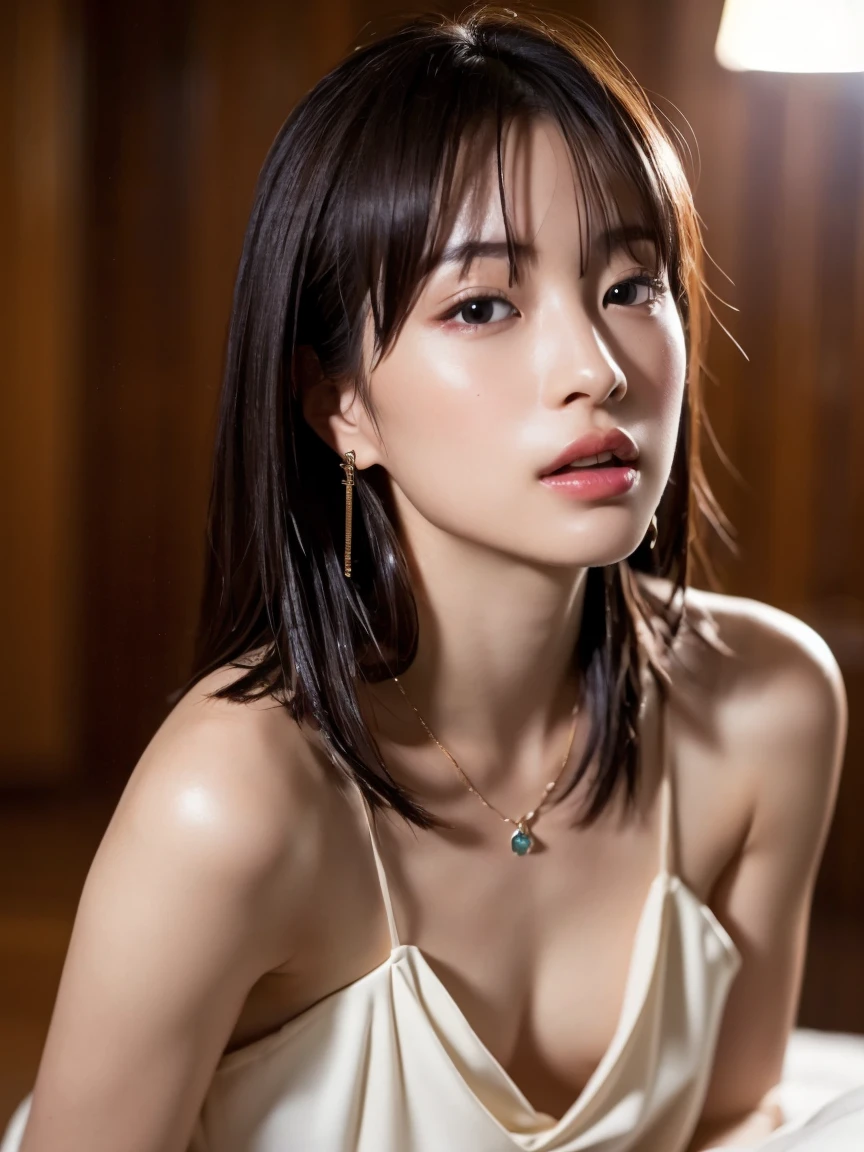 (masterpiece:1.2), Very detailed, Ultra-high resolution, (Realistic, photo Realistic:1.6), High-resolution RAW color photos, Professional photos, Sharp focus:1.2, (Very detailed顔と肌の質感, Very beautiful eyes, Glossのある肌, Glowing Skin, Glowing Skin, Shining Face, Gloss, Oily skin, greasy face, Oily skin, greasy face,), (real Glossのある肌 texture), Perfect Anatomy, Very detailed背景,(Luxury resort at night),1 female,short hair, Straight hair, bangs, Brown Hair,((Flat Chest:1.6)), (((Gorgeous, sexy and high-end sexy dress)))、 (((Take off、Upper body naked:1.2))),((Wet))、Luxury earrings、Luxury Necklace、(On all fours)、(Browsing Caution)、((orgasm:1.6))