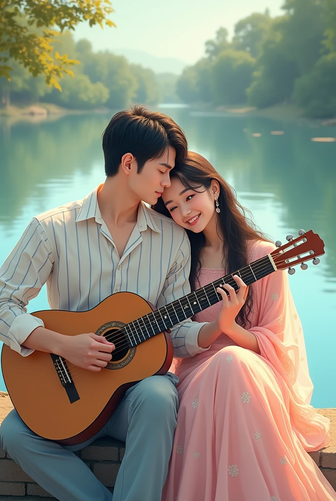 (Photo of backside) (anime photo) A man and woman sitting next to a lake, man playing guitar, woman wearing baby pink georgette shari, printed shari, long hair, woman's head on man's shoulder, man wearing a white shirt with thin horizontal blue stripe