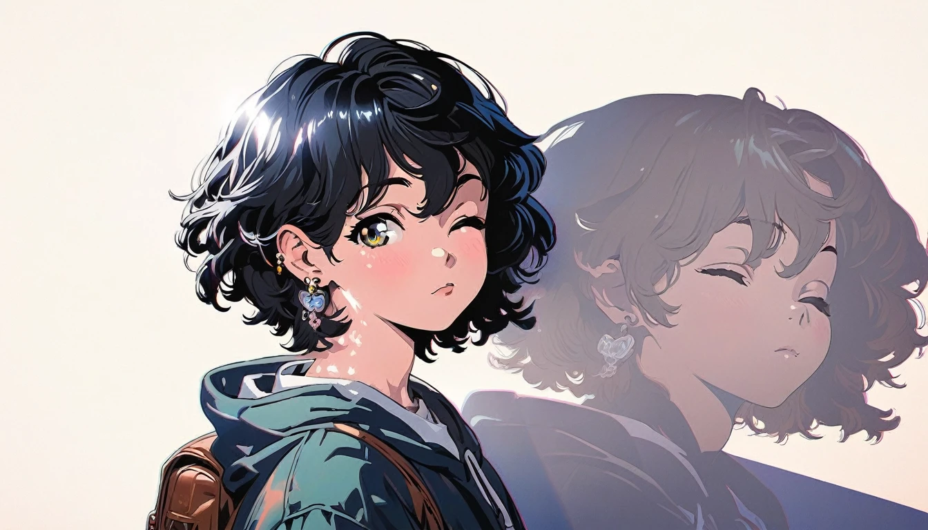 (extremely detailed CG unity 8k wallpaper), (best quality), (best illustration), (best shadow), realistic lighting, beautiful detailed reglow, masterpiece, best quality, lofi artstyle, lofi art, 80s anime style, Retro, solo, looking at viewer, short hair, simple background, black hair, long sleeves, 1boy, white background, hair between eyes, jewelry, upper body, male focus, earrings, hood, bag, from side, hoodie, tattoo, profile, piercing, backpack, hood down, cross, ear piercing, neck tattoo, Using headphone, headphone, eyes closed, closed eyes, eye is closed