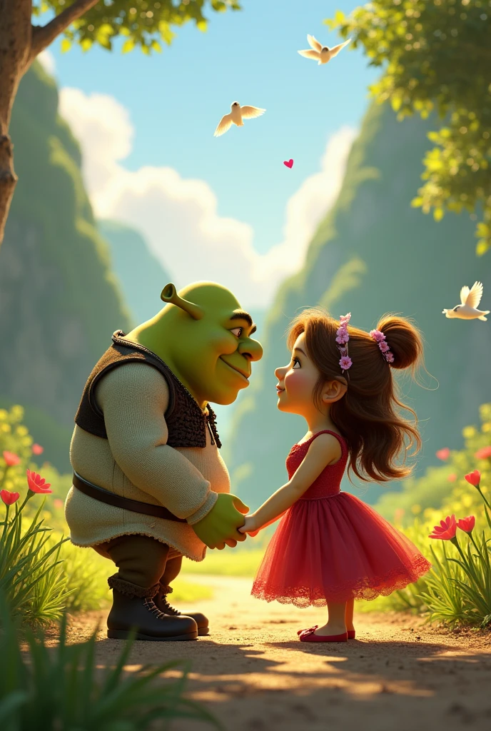Crée moi une image de Shrek qui est amoureux de Flash McQueen