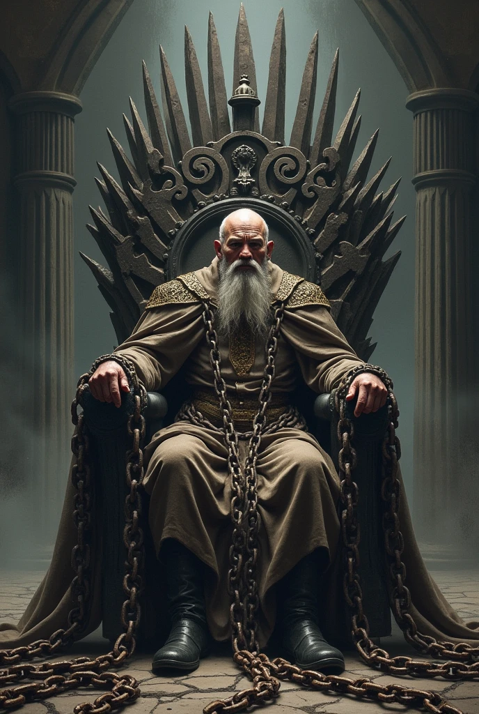 "The King of Chains": On an iron throne, An ancient king sits, with thick, heavy chains stretching from his crown to the far reaches of his kingdom. Each chain represents a law or tradition that binds him to his duty., while his look is one of resignation.