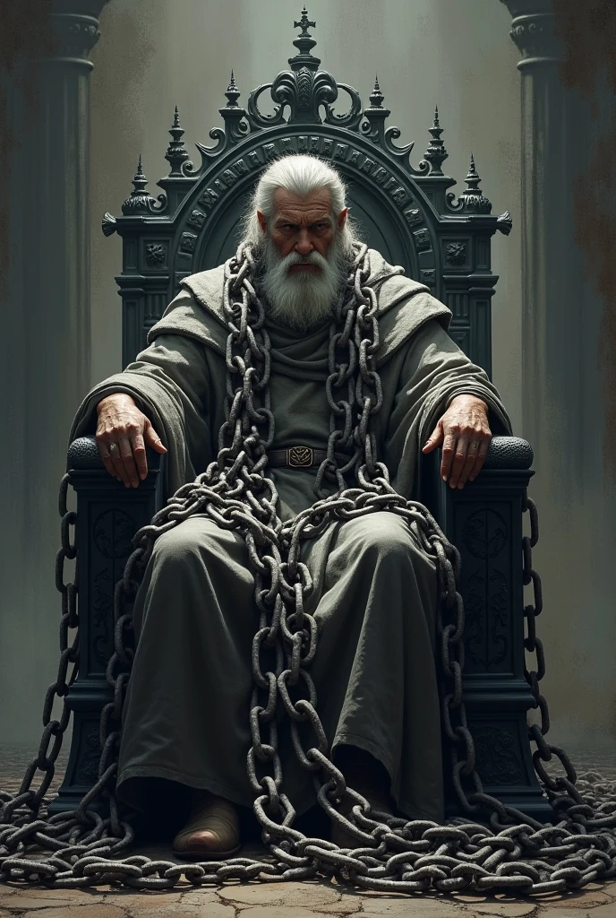 "The King of Chains": On an iron throne, An ancient king sits, with thick, heavy chains stretching from his crown to the far reaches of his kingdom. Each chain represents a law or tradition that binds him to his duty., while his look is one of resignation.