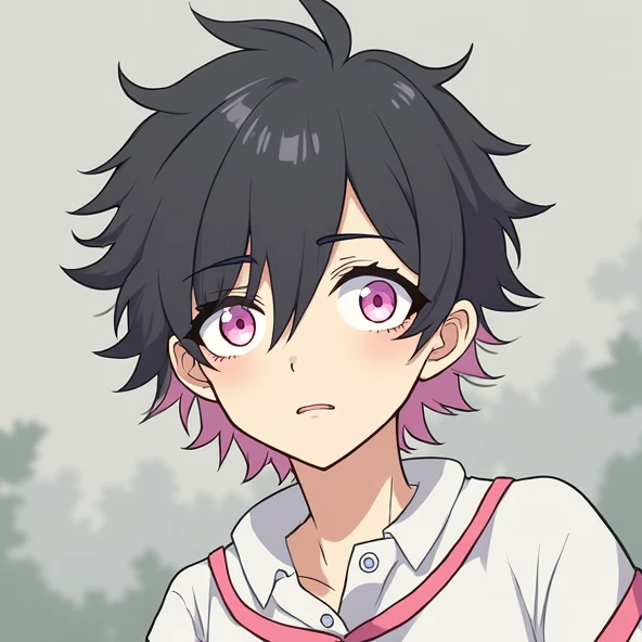 bangs, Droopy eyes, Three white eyes, Black Hair, 斜めbangs, Natural Curl, Inner Color, Very short hair, Simple Background, Background Blur, Japanese illustration style, male,Mash Hair,Pink Eyes,Collar hair,ピンク色のInner Color,ピンクのCollar hair,Pink nape,male性俯瞰, A series of character actions,