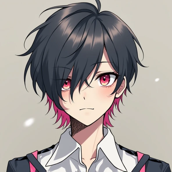 bangs, Droopy eyes, Three white eyes, Black Hair, 斜めbangs, Natural Curl, Inner Color, Very short hair, Simple Background, Background Blur, Japanese illustration style, male,Mash Hair,Pink Eyes,Collar hair,ピンク色のInner Color,ピンクのCollar hair,Pink nape,male性俯瞰, A series of character actions,