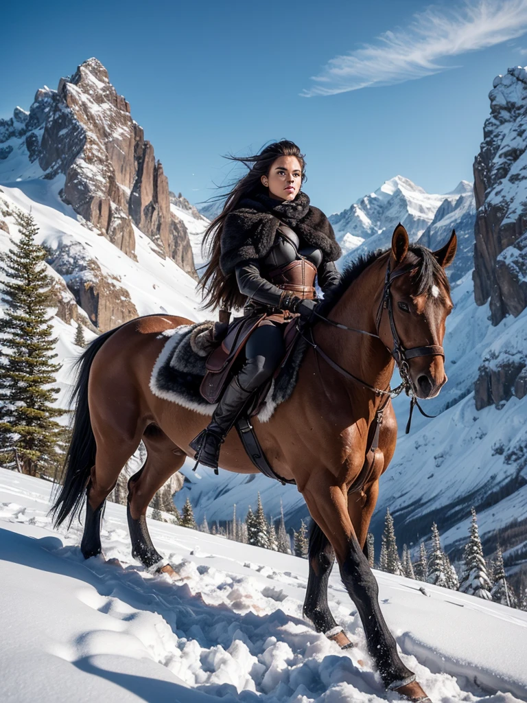 A fierce and powerful female warrior stands on a snowy mountain pass, clad in fur-trimmed leather armor. She holds a massive, double-headed axe over her shoulder with a determined gaze, her long hair flowing in the wind. The snowy peaks loom in the background, and her confident stance contrasts with the rugged, icy terrain beneath her feet. The atmosphere is cold, but her presence radiates strength and resolve.