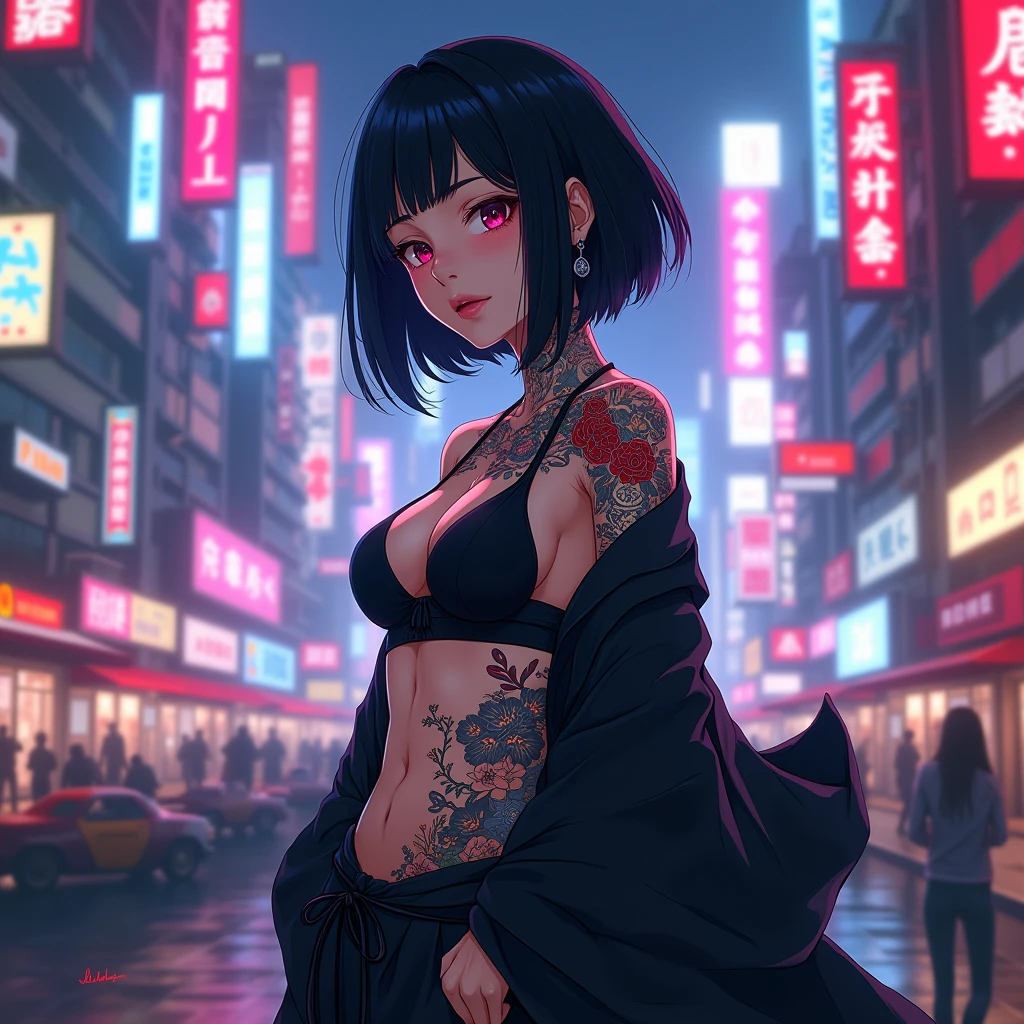 An anime character: Asian woman with oriental tattoos. Her hair is short and straight black.. She is wearing a black bra and a black kimono.. Ao fundo, a cyberpunk setting full of neons.