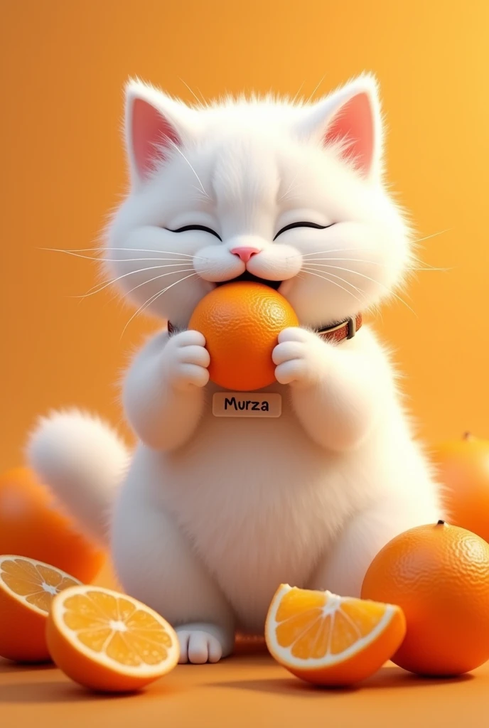White fluffy cat in tangerines, who eats tangerines, in a collar with the inscription Murza