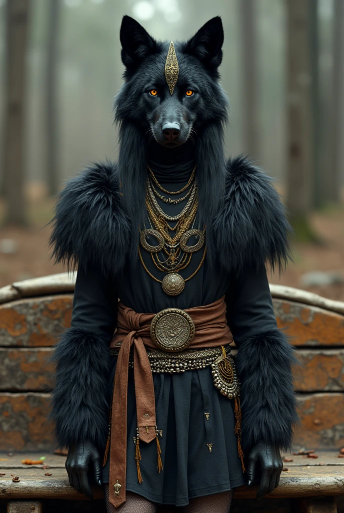 (photorealism:1.2), bench cheering costume. Theme: Black wolves tribe
Base color: black
Other color: gold and silver 
Something more in traditional tribe and something that can be dyi
Just a person 
