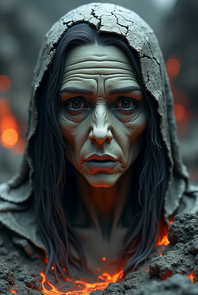 Surrealism, very wrinkled face, statue, cracks, very old sorceress, black hair, black eyes, lava, powerful