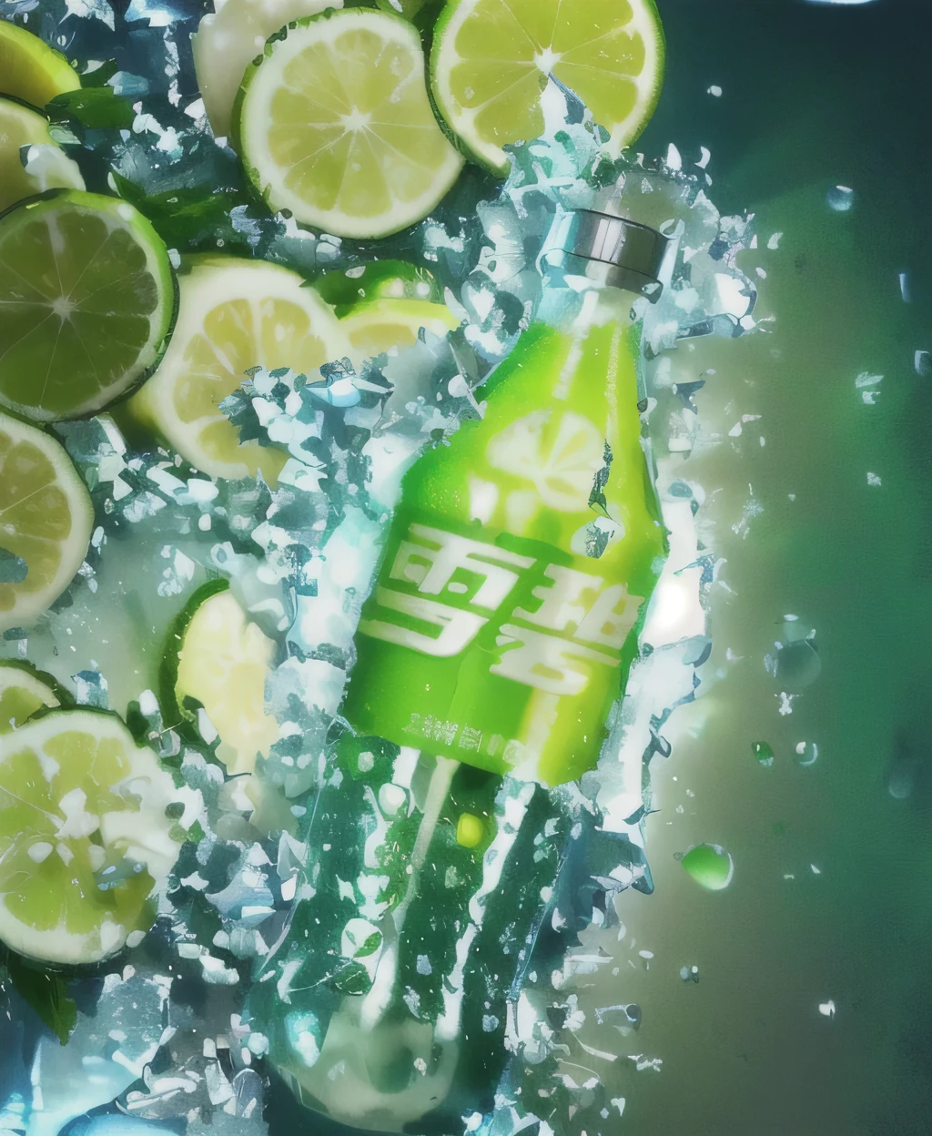 a close up of a bottle of soda with lime slices on a table, Crystal Dew, Green Water, Elf, Refreshing, made of drink, soda water, Inspired by Cao Zhibai, 🍸🍋, Elf art, photography, lu ji, Cheng Man Kit, lime green, Zeng Fanzhe, lime, Green Waters, drink