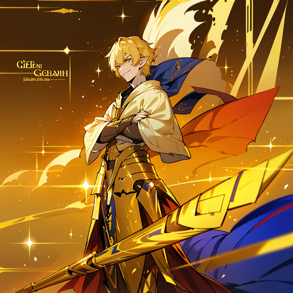 elf, man, male, intelligent, grinning, arms crossed, standing, very short hair, short hair, blonde, golden eyes, slant eyes, sanpaku, pale skin, toned body, gold background, outside, on the salt flat, fantasy, beautiful, coat, straight hair, gilgamesh, pointy ears, golden eyes