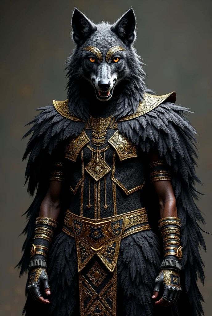 (photorealism:1.2), bench cheering costume. Theme: Black wolves tribe
Base color: black
Other color: gold and silver 
Something more in traditional tribe and something that can be dIY
Just a person 
